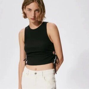 Zara Black Ribbed Knit Sleeveless Top With Adjustable Ties and side cutouts sz S